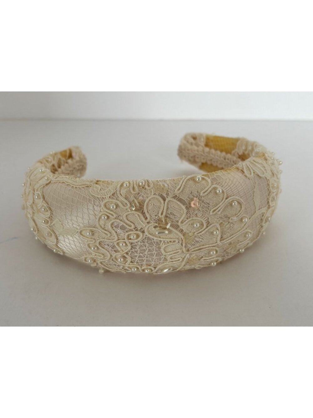 Ivory Lace Pearl Beaded Headband Bridal Wide Padded Wedding Vintage Bride